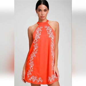 NWT Lulus Fabiola Coral Orange Embroidered Halter Shift Dress S
